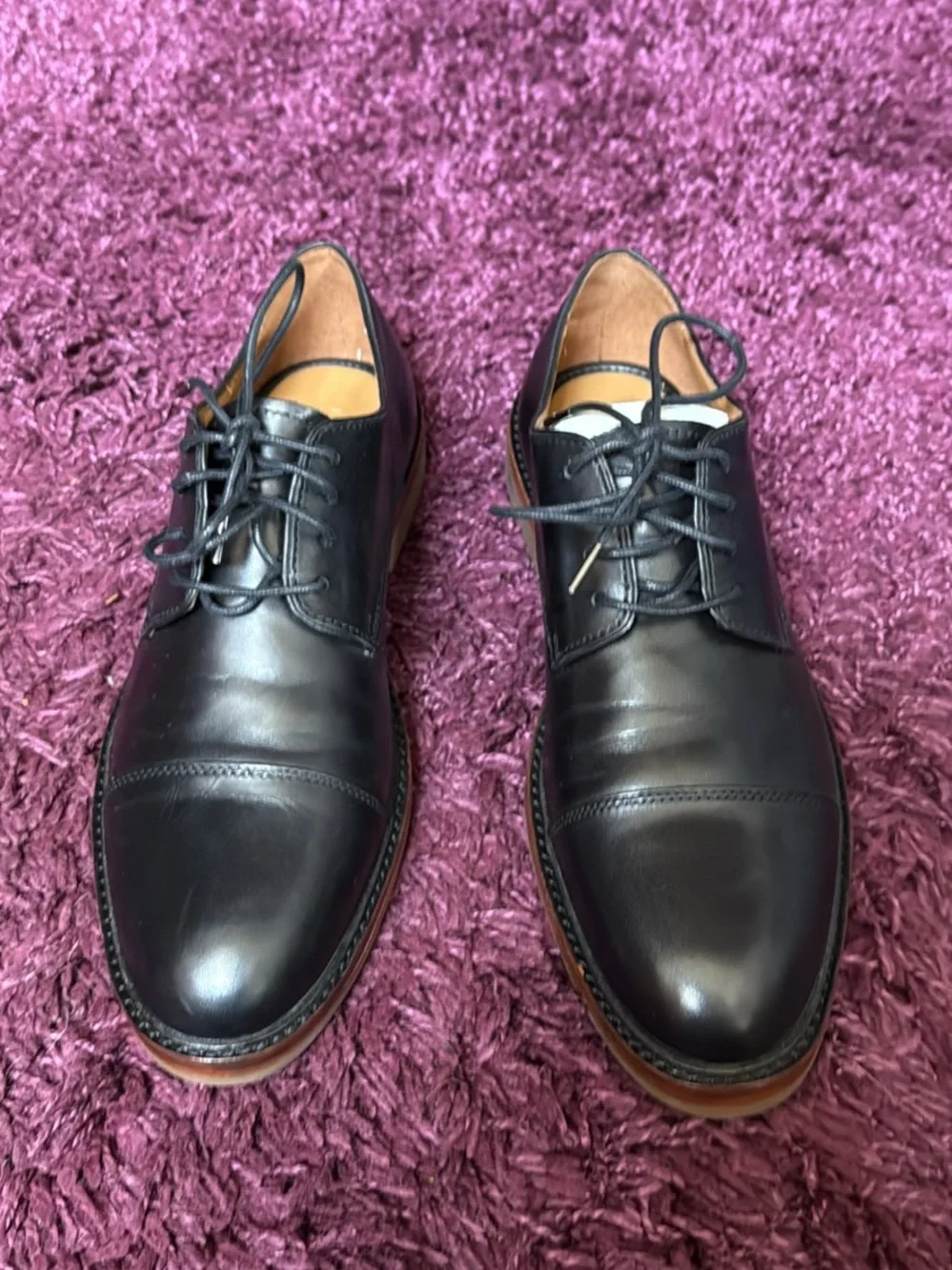 Coach Men's Black Leather Cap-Toe Derby Shoes with Brown Soles